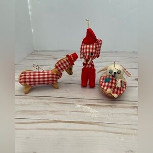 VTG Gingham Fabric Christmas Animal Ornaments Japan Elephant Mouse Dachshund
